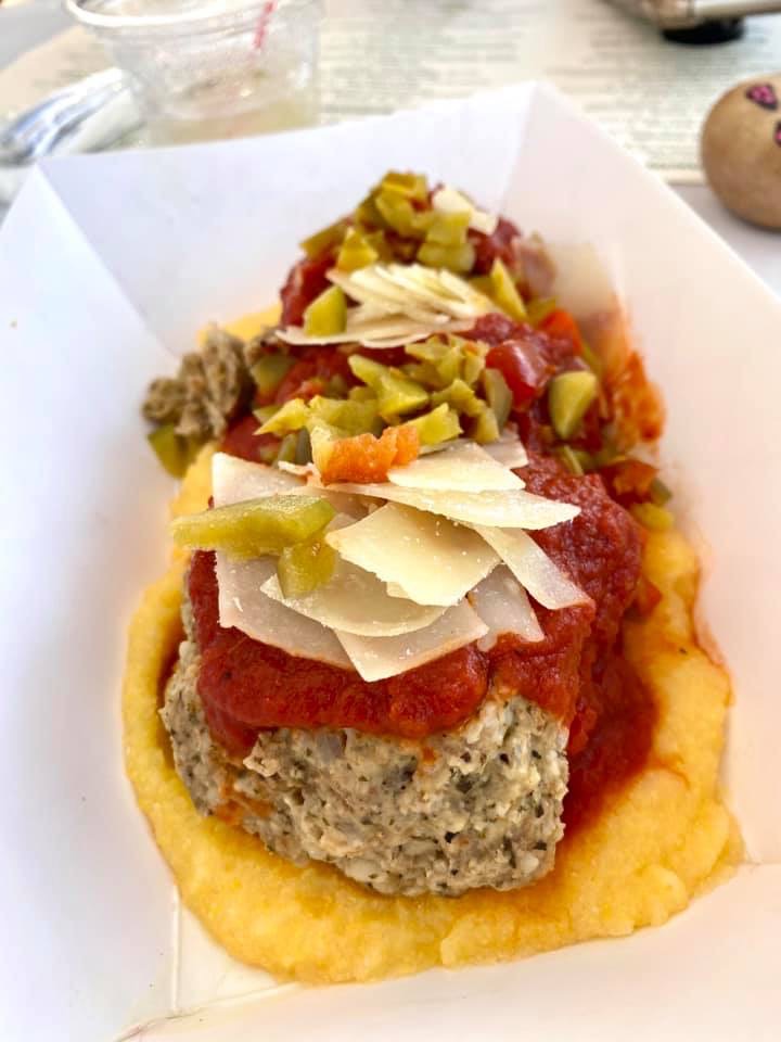 Larry's Big Meatballs- over Creamy, Cheesy Polenta, with Shaved Parmesan and Hot Cherry Peppers at The Pines Tavern Bristol PA